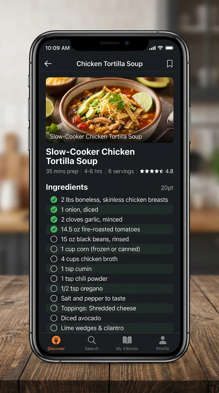 Slow-Cooker Tortilla Soup recipe screen
